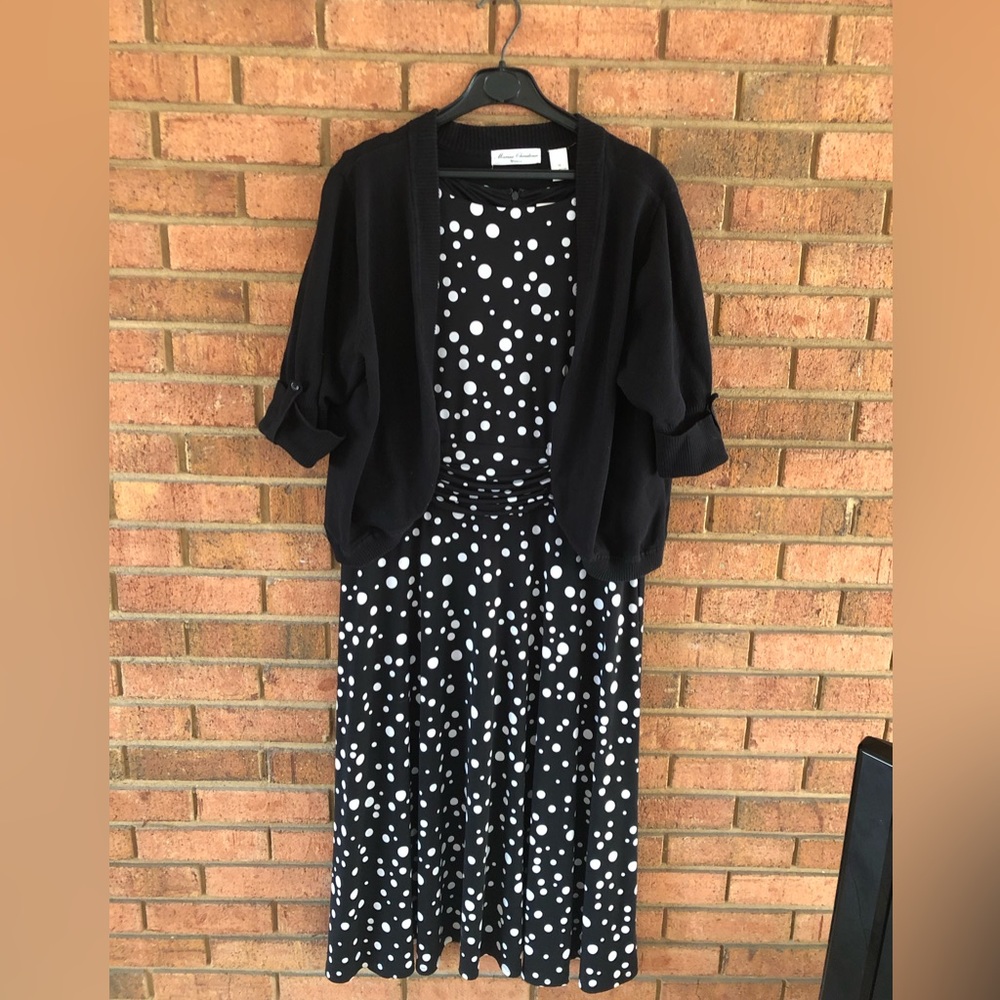 CJ Banks 16W black polka dot dress and crop Marisa Christina black sweater 1X